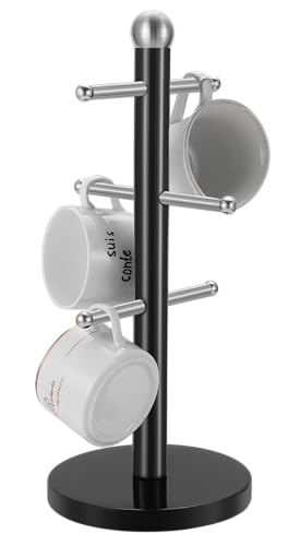 UNIQUE CRAFTS | 6 Mug Holder Tree Stand | Modern Cup Organizer for Kitchen Counter | Space-Saving Coffee Mug Rack | Durable & Elegant Mug Display | Non-Slip Base | Black |