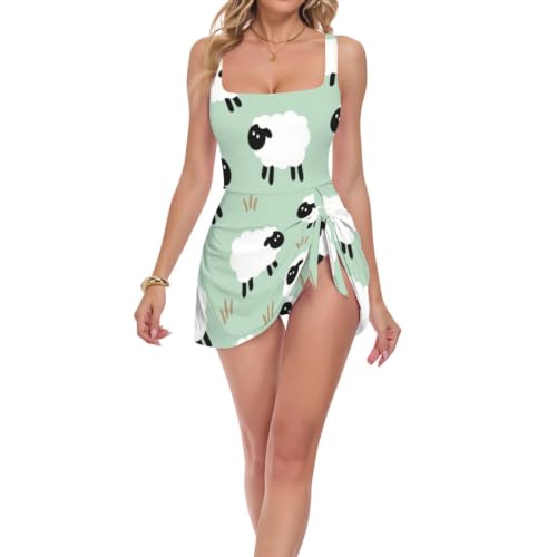 Maillot de bain double bretelles femme blanc à motif mouton imprimé