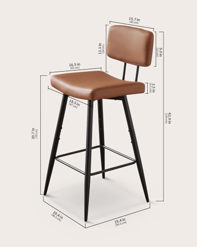 Set de 2 Butacos de Barra KJGKK K-BARS, 30 Pulgadas de Alto, Asiento Acolchonado y Respaldo, Tapizado en Cuero Sintético, Patas de Aleación de Acero, Estilo Moderno, Color Caramelo Marrón miniatura 6