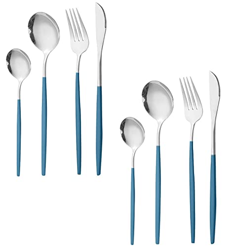 Image of Stainless Steel Flatware Set - Mirror Polished Cutlery for Dinner, Kitchen Utensil with Fork, Spoon, Knife Silverware Tableware Lunch Box(Silver-Blue, Set of 8)