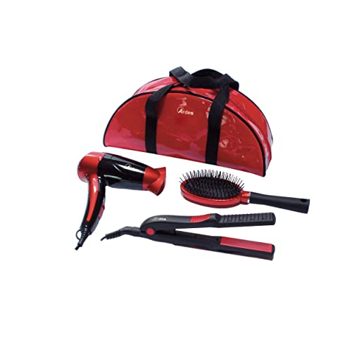 ARDES Kit de Viaje para Mujer Bolsa Neceser Portátil con Kit Belleza Mini Secador de pelo de Viaje Plegable + Plancha Portátil + Cepillo de Viaje Color Rojo