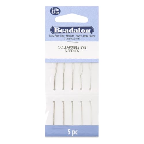 Beadalon Collapsible Eye Beading Needles, Variety 5 Pk - 2.5 inches: Extra Fine, Fine, Medium, Heavy, Extra Heavy