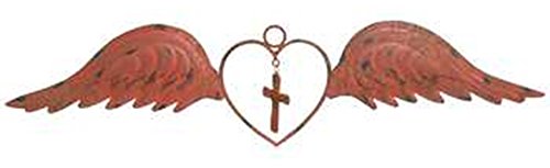 Large Distressed Style Antique Metal Angel Wings with Heart and Cross Home Wall Decor ~ 30" x 7" ~ Shabby Chic (Red)