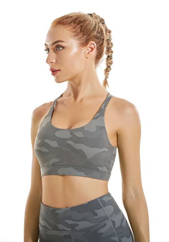 Running Girl Strappy Sports Bra For Women, Sexy Crisscross Back Medium Support Yoga Bra With Removable Cups (Wx2354_Camouflage Grey, L) #TOP1