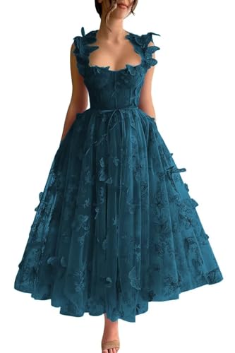 CAZSXIS Tulle 3D Butterfly Dress for Women Tea Length Dresse Sprom Dresses 2024 Sweetheart A-Line Peacock Homecoming Dress Party Dress Evening Gown US24W