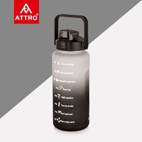 Image of ATTRO Motivational 2 Liter Quotes & Time Marker Dual Colour Sports Bottle With Easy to Carry Handle & Straw BPA Free, Leak Proof for Gym, Office, Workout- Black Grey, Plastic