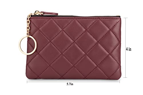 Image of DORIS&JACKY Soft Lambskin Leather Coin Purse Small Quilted RFID Blocking Top Zipper Wallet With Key Chain