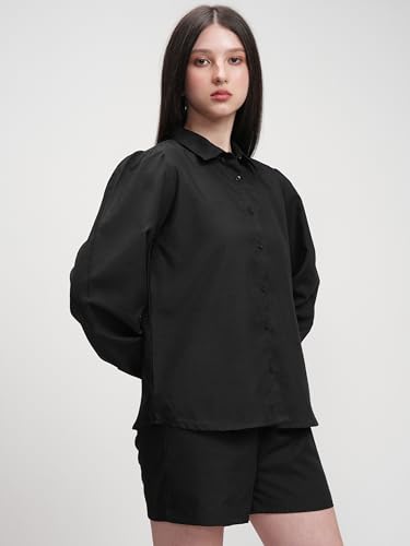 Image of Tokyo Talkies Elegant Bishop Sleeve Shirt & Shorts Co-ord Set | Chic & Effortless | Perfect for Casual & Semi-Formal Looks | Women Co-Ord Set | Co ord set for women