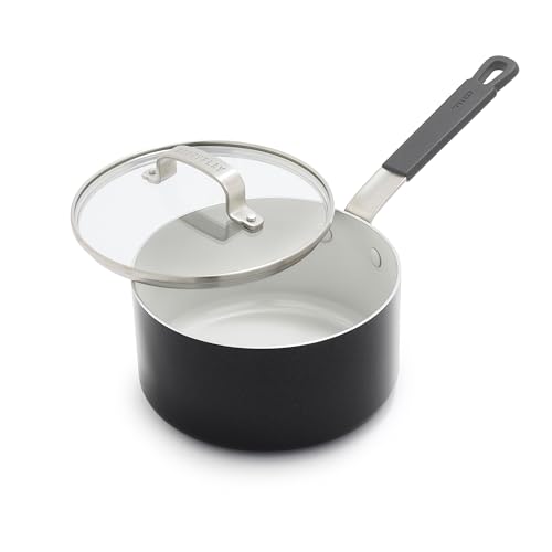 GreenPan x Bobby Flay - Cacerola de 2.53 cuartos con tapa de vidrio, aluminio de grado profesional, cerámica antiadherente sin PFAS ni PFOA, apta para inducción, mango de silicona que se mantiene