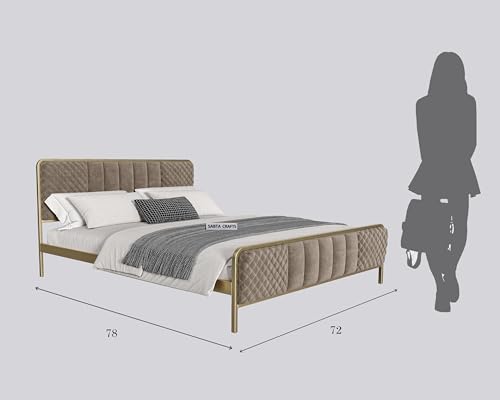 Image of Modern Upholstered King Size Bed for Bedroom | Metal Double Bed | Platform Cot Bed with Upholstery Premium Fabric | 6.5 x 6 Ft | Powder Coated Metal Bed | Beige