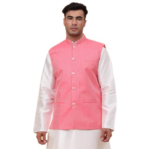 Mens Silk Blend Sequenced Striped Waistcoat, Nehru Jacket Only, Ethnic Traditional Wear