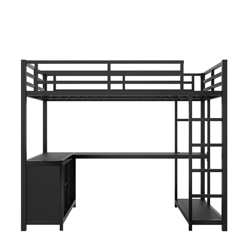 Image of Bellemave Twin Size loft Bed with L Desk, Wardrobe, Metal Twin Loft Bed Frame for Adults, Kids, Teens, Black