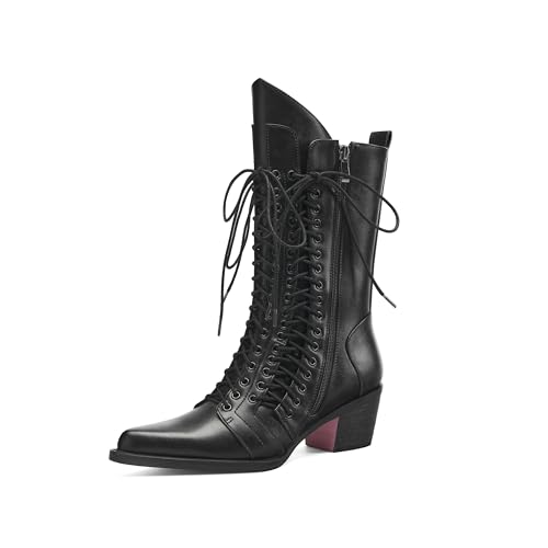 Tsrenlmln women's pointed high-heeled Western cowboy boots with lace up mid length boots