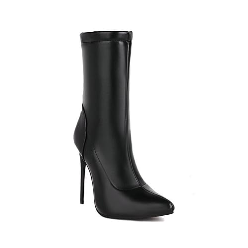 Image of Women's Chic Pointed Toe Mid-calf Boots with Stiletto Heel, with Suede & PU Options,for Casual & Night Out,Black PU,6 UK