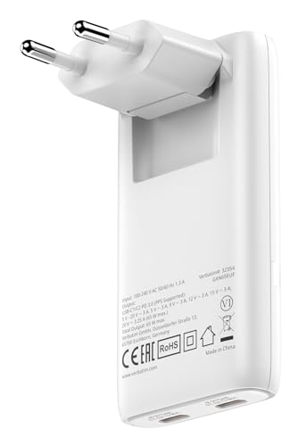 Verbatim Chargeur Fold’n’Go GaN 65W, chargeur pliable USB-C, adaptateur secteur avec 2 ports USB-C Power Delivery 3.0, chargeur rapide multiports, pour ordinateur portable, tablette, smartphone, blanc