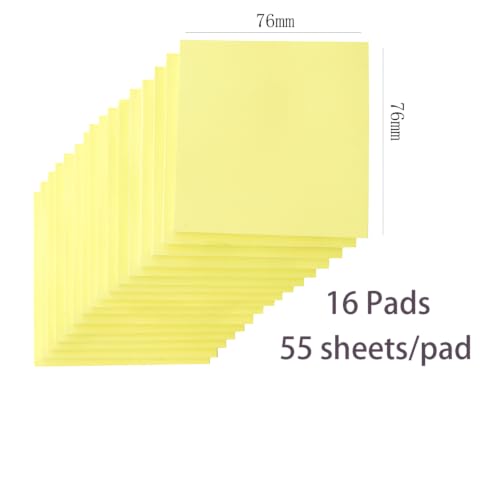Image of Wowivy 16 Pads Yellow Sticky Notes, 76 x 76 mm, Sticky Pads, Recyclable, Self-Stick Notes Pads, Sticky Notes, Easy to Post for Home, Office, 55 Sheets /Pad, 880 Sheets Total