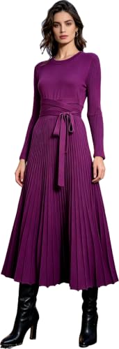 Image of RanRui Womens Winter Fall Pleated Knitted Fit and Flare Long Sleeve Sweater Dress