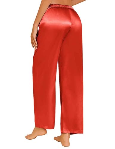 Image of Ekouaer Womens Silk Satin Pajama Lounge Pants Sleep Pj Bottoms with Pockets | Silky,Loose Wide Leg,Drawstring Elastic Waist,Casual,Loose,Elegant