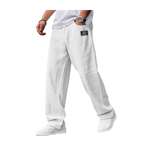 Mokaloha Mens Pants-Casual Hemp Fabric Embroidered Logo Drawstring Loose Elastic Waist Pocket Trousers