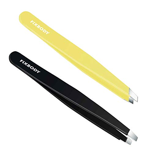 FIXBODY Stainless Steel Eyebrows Plucking Tweezers, Precision Flat and Slant Eyebrows Tweezer Set for Ingrown Hair, Black and Yellow