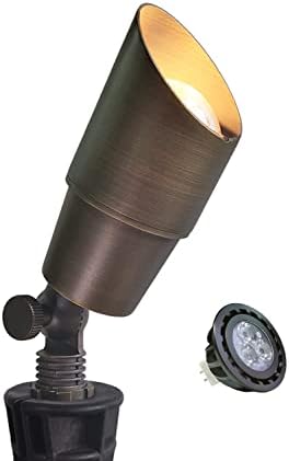 MALORY Brass Landscape Spotlight 1-Pack with Bulb(S01), Low Voltage 12V AC/DC LED Outdoor Landscape Lighting,PVC Ground Stake and Wire Connector Included, Garden Patio Trees Spot Uplight