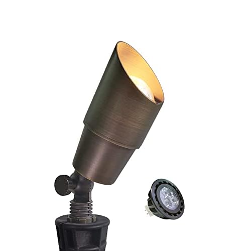 MALORY Brass Landscape Spotlight 1-Pack with Bulb(S01), Low Voltage 12V AC/DC LED Outdoor Landscape Lighting,PVC Ground Stake and Wire Connector Included, Garden Patio Trees Spot Uplight 1-P