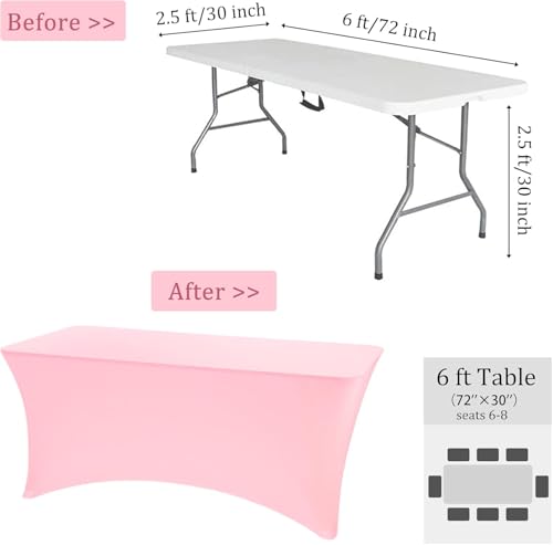Image of 2 Pack 6FT Spandex Table Covers Washable Wrinkle Resistant Stretch Fitted Rectangle Tablecloth for Folding Table Wedding Party Birthday Banquet Bar Events(Pink)