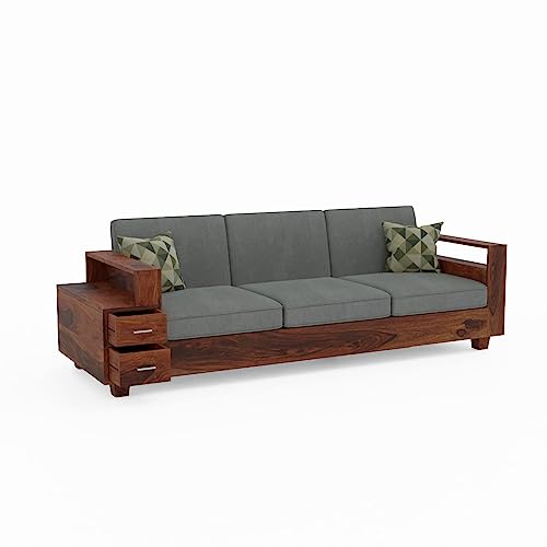 Image of Solid Sheesham Wood Sofa Set 3 Seater, Three Seater Sofa Set with Attached End Table, 2 Drawer Storage for Living Room Furniture - Honey Finish