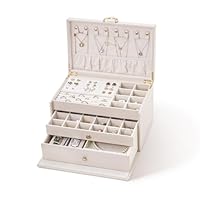 BIQI MUSSE Jewelry Box for Women, 3-Tier Jewelry Organizer Box with 2 Drawers, Jewelry Holder Case for Necklace Ring Bracelet Earring Storage, Christmas Gift for Loved Ones, Cream White