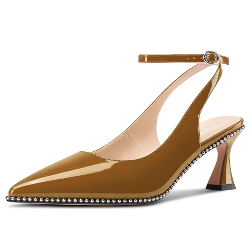 Image of NobleOnly Womens Slingback Heels Beaded Pumps Ankle Strap Pointed Toe Kitten Heels Dress Shoes 2.6 Inches