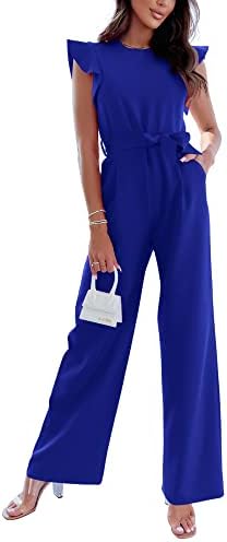 BTFBM Women Jumpsuits Crew Neck Ruffle Cap Sleeve Belted High Waist Wide Leg Romper with Pockets One Piece Casual Outfits(Solid Royal Blue, Large)
