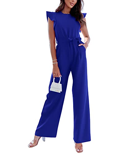 Btfbm Women Jumpsuits Crew Neck Ruffle Cap Sleeve Belted High Waist Wide Leg Romper With Pockets One Piece Casual Outfits(Solid Royal Blue, Large) #TOP16