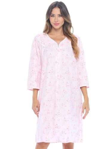 Casual Nights - Flannel Floral Long Sleeve Nightgowns for Women | Flower Pink | XX-Large | Soft Lightweight Cotton & Lace Trim | Comfortable Sleep or Lounging | 6 Button Front with 38 Inch Length