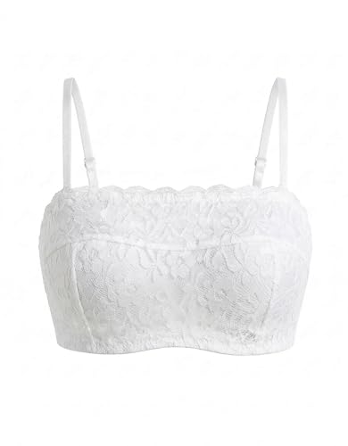 Showyoo Lace Bra with Detachable Straps Womens Tube Top Bandeau Underwire No Slip Silicone Grip Everyday Bra Lingerie White