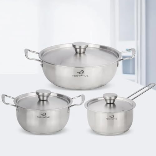 POSH WAVE 3 Pcs Stainless Steel Cookware Set with Stainless Steel Lids, Anti-Scalding Handles and steam Holes - Cooking Pots and Pans Set