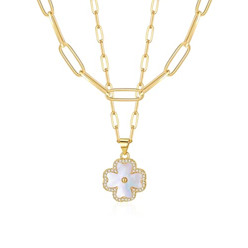 Four Leaf Clover Pendant Necklace Double Layer Chain 14K Gold Plated Birthday Valentine's day Jewelry Gift for Women Wife