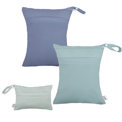 Image of ALVABABY 3 Cloth Diaper Wet Dry Bags Waterproof Reusable with Two Zippered Pockets Travel Beach Pool Daycare Soiled Baby Items Yoga Gym Bag for Swimsuits or Wet Clothes Small medium Large3L-SML04