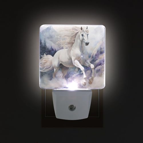 Image of Horse White Night Lights 2 Pack Plug-in Wall Led Nightlight Auto Dusk-to-Dawn Sensor Lamps for Bedroom Kitchen Bathroom