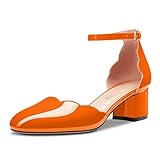 NobleOnly Mujer Ancho Bajos Cerrado el Dedo del pie Redonda Punta Correa Tobillo Pumps Cierre con Hebilla de Boda Oficina Fiesta Sandalias 5 CM Heels Naranja 39 EU