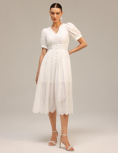 Embroidered Midi V Neck Puffed Sleeves Mesh Dress Button Front Scalloped Hem Cinched Waist Garden Party Dress2