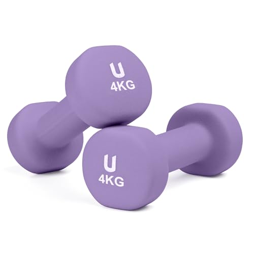 unycos - Set di 2 Manubri Antiscivolo in Neoprene, Coppia di Pesi Rotonde da 4 kg per Uomini/Donne, Nucleo in Ghisa, Allenamento della Forza, Fitness, Palestra in Casa (Viola Chiaro)