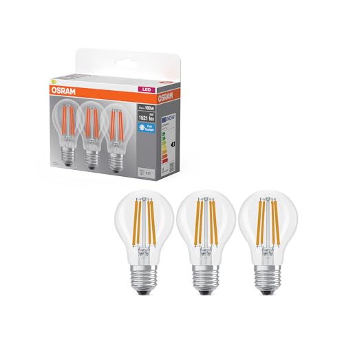OSRAM Lampada LED Base Classic forma lampadina E27 trasparente 6500K, LED a filamento, sostituzione per lampada a incandescenza, IP20, senza mercurio, resistente agli urti, 15000 ore, per uso