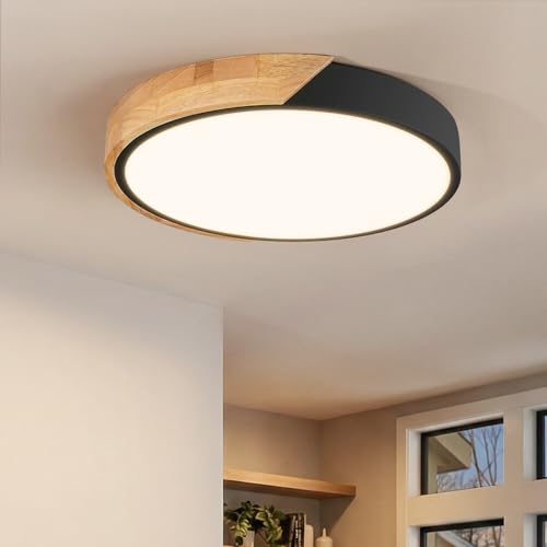 Image of 11.8 Inch Wood LED Flush Mount Ceiling Light 4500K, Black
