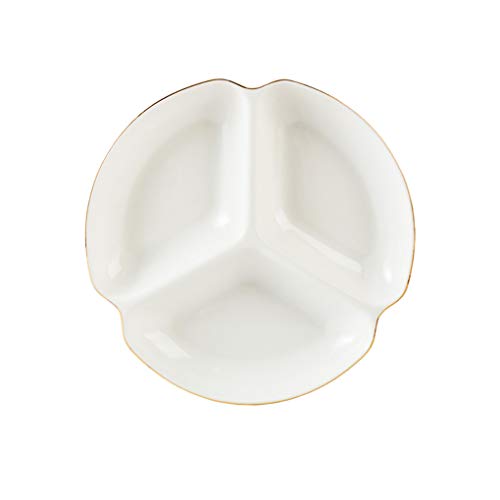 XinHuiGY Porcelain Divided Serving Dishes,Ceramics Round Relish Tray,Compartment Serving Bowls With Gold Edged for Party Perfect for Chips and Dip, Veggies, Candy and Snacks White 7 inch