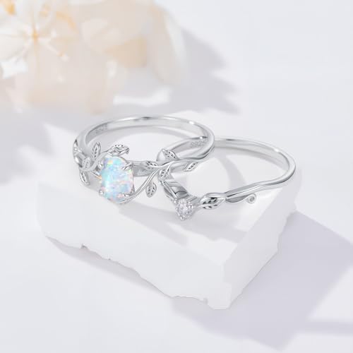 1ct Oval Opal Engagement Rings for Women Genuine Opal Rings Set 925 Sterling Silver 2pcs Art Deco Vine Leaf Wedding Ring Sets Anniversary Promise Ring2