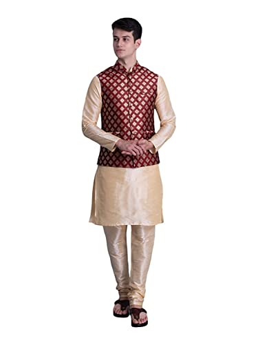 Image of Ethluxis Men's Silk Blend Navy Kurta Pyjama Set with Bundi Nehru Jacket Waistcoat