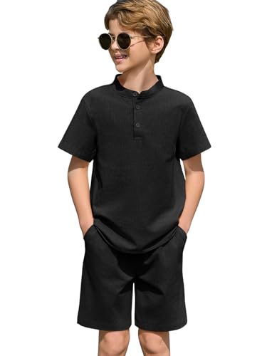 Image of Haloumoning Boys 2 Piece Cotton Set Kids Casual Henley Shirts Short Sleeve Beach Shorts Summer Outfits 5-14 Years