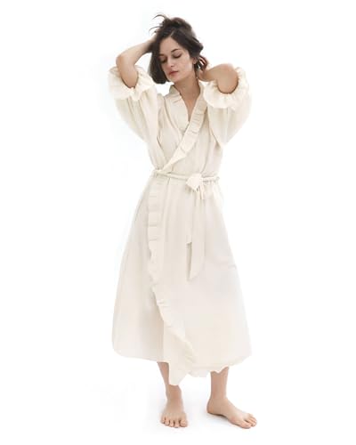 100% Cotton Muslin Gauze Maternity Robe Puffed Sleeve Nursing Nightgown & Delivery Gown with Adjustable Belt Breathable Hospital Bag Essential for Labor & Postpartum Eggshell One Size