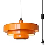 DoungRos Plug in Pendant Light Mid Century Hanging Lamp with Plug in Cord Orange Pendant Lighting Fixtures Nordic Style Metal Shade On/Off Switch Hanging Light for Living Room Dining Bedroom Kitchen