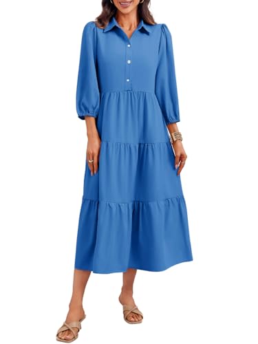 Image of Wenrine Womens Casual 3 /4 Sleeve Shirt Dress Button Down V Neck Tiered Collared Flowy Maxi Dress